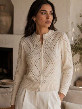St. John Cream Pointelle Knit Zip Front Sweater Minimalist Quiet Luxury Chic S